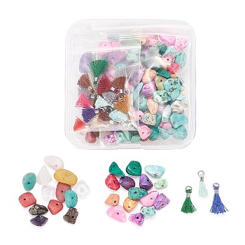 DIY Jewelry Making Kits, 60g Natural & Synthetic Gemstone/Turquoise Chips Beads, 20Pcs Polycotton Tassel Pendant Decorations, Mixed Color, Beads: 60g/box