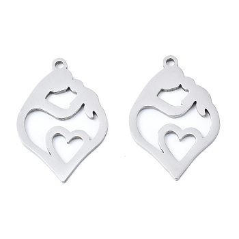 201 Stainless Steel Pendants, Laser Cut, Heart with Human, Stainless Steel Color, 24x16x1mm, Hole: 1.4mm