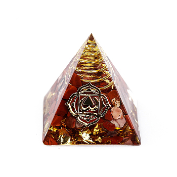 Chakra Pattern Orgonite Pyramid Resin Display Decorations, Healing Pyramids, for Stress Reduce Healing Meditation, with Brass Findings and Natural Red Jasper Chips Inside, for Home Office Desk, 30.5x30.5x29.5mm