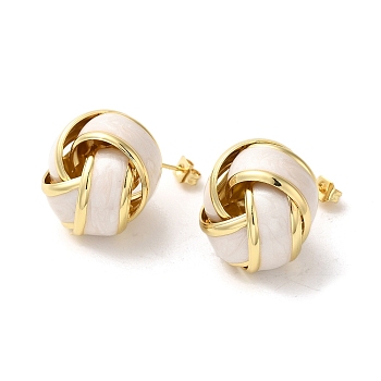 Real 18K Gold Plated Brass Enamel Stud Earrings for Women, Knot, White, 21x20.5mm