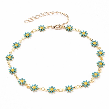 Golden Brass Flower Enamel Links Anklets, with Brass Curb Chains & Lobster Claw Clasps, Dark Turquoise, 9-1/2 inch(24.2cm)