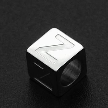 201 Stainless Steel European Beads, Large Hole Beads, Horizontal Hole, Cube, Stainless Steel Color, Letter.Z, 7x7x7mm, Hole: 5mm