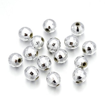 Faceted Acrylic Beads, Round, Silver Color Plated, about 6mm wide, 6mm long, hole: 1mm, about 5000pcs/500g