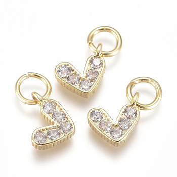 Brass Micro Pave Cubic Zirconia Charms, with Jump Ring, Long-Lasting Plated, Real 18K Gold Plated, Heart, Clear, 6x8x2mm, Hole: 3mm