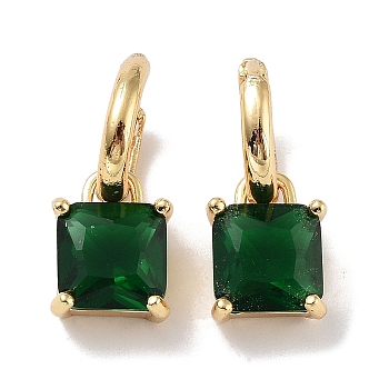 Real 18K Gold Plated Brass Rectangle Dangle Hoop Earrings, with Square Glass, Dark Green, 20.5x9mm