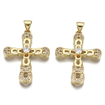 Brass Micro Pave Clear Cubic Zirconia Pendants, Nickel Free, Cross, Real 16K Gold Plated, 30.5x22.5x4mm, Hole: 4.5x3.5mm