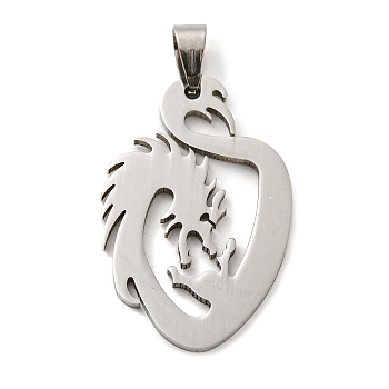 304 Stainless Steel Pendants, Dragon, Stainless Steel Color, 39.5x25.5x1.5mm, Hole: 9.5x4.5mm