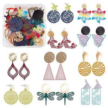 DIY Earring Making Finding Kits, Including Stainless Steel Filigree Pendants, Alloy Stud Earring Findings, Plastic Ear Nuts, Flower & Triangle & Fish & Flat Round, Mixed Color, 80Pcs/box