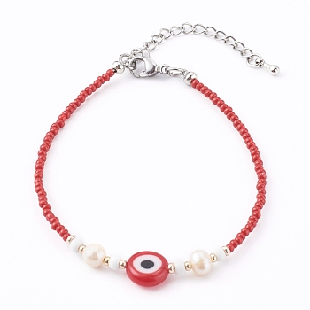 Glass Seed Beaded Bracelets, with Natural Pearl Beads and Evil Eye Lampwork Beads, Red, 7-1/8 inch(18cm)