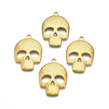Ion Plating(IP) 201 Stainless Steel Pendants, Skull, Real 18K Gold Plated, 30x21.5x3mm, Hole: 2mm