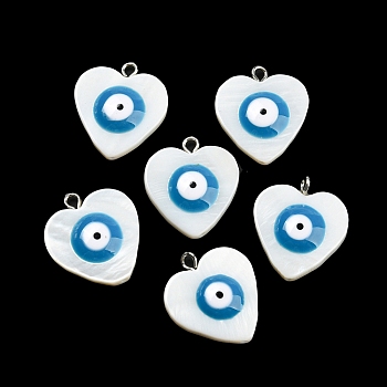 Natural Freshwater Shell Enamel Pendants, Heart Charms with Evil Eye, with Platinum Tone Alloy Loops, Steel Blue, 20.5x18x4mm, Hole: 1.8mm