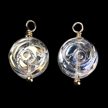 Glass Pendants, with Rack Plating Real 18K Gold Plated Brass Loops, Rose Flower Charms, Clear, 16x10x4.5mm, Hole: 2mm