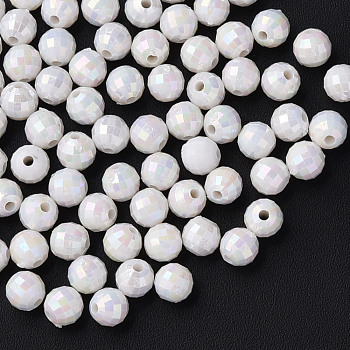 Opaque Acrylic Beads, AB Color Plated, Faceted, Round, White, 6x5.5mm, Hole: 1.5mm, about 4800pcs/500g