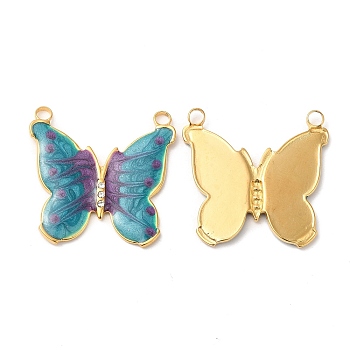 304 Stainless Steel Pave Crystal Rhinestone Pendants, with Enamel, Butterfly Charms, Real 18K Gold Plated, Dark Cyan, 24x25x2mm, Hole: 2mm