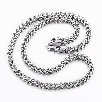 304 Stainless Steel Wheat Chain Necklaces, with Lobster Claw Clasps, Stainless Steel Color, 25 inch(63.5cm), 6x6mm