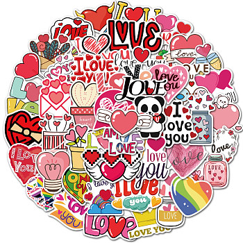 Valentine's Day Waterproof Sticker Labels, Self-adhesion, for Suitcase, Skateboard, Refrigerator, Helmet, Mobile Phone Shell, Heart Pattern, 50~70mm, 50pcs/set