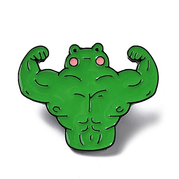 Black Zinc Alloy Brooches, Muscular Fitness Frog Enamel Pins, Green, 24x31.5x1mm