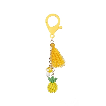 Pineapple Handmade Loom Pattern Seed Beads Pendant Decorations, with Lampwork Mushroom and Tassel Charms, Lobster Claw Clasp, Yellow, 111mm