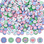Handmade Polymer Clay Beads, Flower with Letter Pattern, Mixed Color, 9~10x4.5~5mm, Hole: 1.6~1.8mm(CLAY-SC0002-75)
