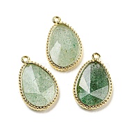 Natural Green Strawberry Quartz Faceted Pendants, Rack Plating Golden Plated Brass Teardrop Charms, 23x15x4~4.5mm, Hole: 1.4mm(G-M431-14G-04)