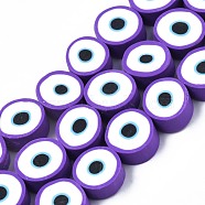 Handmade Polymer Clay Beads Strands, Flat Round with Evil Eye, Dark Violet, 8~11x4mm, Hole: 1.2mm, about 40pcs/strand, 13.98 inch~ 15.35inch(35.5cm~39cm)(CLAY-S096-041G)