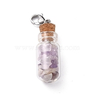 Glass Bottle Pendants, with Amethyst Chip Beads and Brass Lobster Claw Clasps, Platinum, 49mm(HJEW-JM00221-04)
