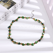 Boho Dyed Natural Shell Chip & Glass Beaded Necklaces for Women, Dark Green, 18.31 inch(46.5cm)(NJEW-H047-03)