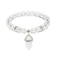 Natural Quartz Crystal Round Beaded Stretch Bracelet with Bullet Charms, Gemstone Yoga Jewelry for Women, Inner Diameter: 2~2-1/8 inch(5.1~5.3cm)(BJEW-JB09018-03)