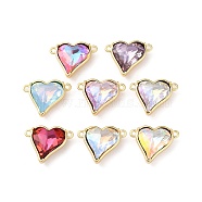 Brass Pave Glass Rhinestone Connector Charms, Heart Links, Mixed Color, Real 18K Gold Plated, 14x18x6mm, Hole: 1.4mm(KK-F862-47G)