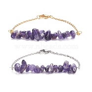 2Pcs 2 Color Natural Amethyst Chip Beaded Link Bracelets Set with 304 Stainless Steel Cable Chains, Gemstone Jewelry for Women, 7-1/2 inch(19cm)(BJEW-JB07914-03)