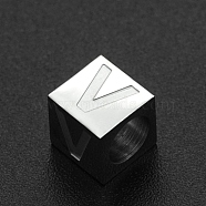 201 Stainless Steel European Beads, Large Hole Beads, Horizontal Hole, Cube, Stainless Steel Color, Letter.V, 7x7x7mm, Hole: 5mm(STAS-N090-LA062-V)