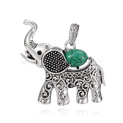 Antique Silver Plated Alloy Dyed Synthetic Turquoise Elephant Pendants, with Rhinestones, 48x44x7.5mm, Hole: 9x5mm(PALLOY-E402-01AS)