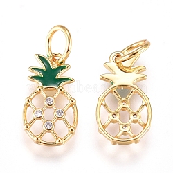 Brass Enamel Charms, with Micro Pave Cubic Zirconia and Jump Rings, Pineapple, Clear & Green, Golden, 13x7x1.6mm, Hole: 3.4mm(ZIRC-L070-68G)