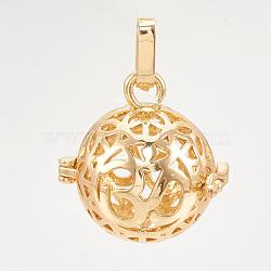Rack Plating Brass Cage Pendants, For Chime Ball Pendant Necklaces Making, Hollow Round with Om Symbol, Light Gold, 25x24x20.5mm, Hole: 3x7mm, inner measure: 18mm(KK-S751-012KC)