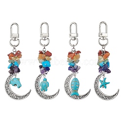 Alloy Hollow Moon Pendant Decorations, Natural & Synthetic Mixed Stone Chip and Swivel Clasps Charm, Mixed Shapes, Turquoise, 99~102mm(HJEW-JM01613-01)