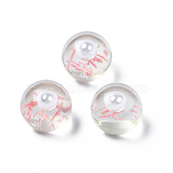 Translucent Acrylic Cabochons, with ABS Imitation Pearl Beads and Hay, Round, Pink, 10x9.5mm(TACR-N006-14E)