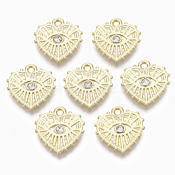 Alloy Charms, with Crystal Rhinestone, Cadmium Free & Nickel Free & Lead Free, Texured, Heart with Eye, Real 18K Gold Plated, 15x15x2mm, Hole: 1.5mm(X-PALLOY-S135-010-NR)