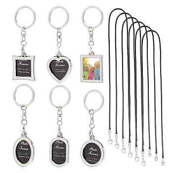 CHGCRAFT 6Pcs Mini Alloy Photo Frame Keychain, with Iron Rings and Chains, with 6Pcs Waxed Cotton Cord Necklace Making, Mixed Color, 10.3~44.5cm