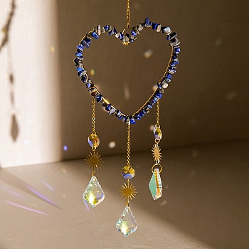 Heart Natural Lapis Lazuli Chips Hanging Ornaments, Glass Leaf Hanging Suncatcher for Home Garden Ornaments, 437mm