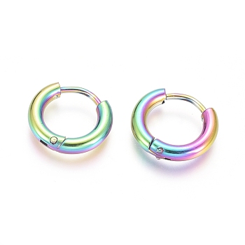 Ion Plating(IP) 304 Stainless Steel Huggie Hoop Earrings, Hypoallergenic Earrings, with 316 Surgical Stainless Steel Pin, Rainbow Color, 10 Gauge, 12~13x2.5mm, Pin: 1mm, Inner Diameter: 8mm