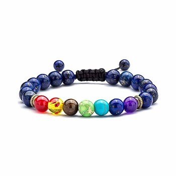 Chakra Theme Natural & Synthetic Mixed Stones Braided Bracelets, Natural Lapis Lazuli Adjustable Bracelets for Women