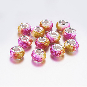 Large Hole Rondelle Resin European Beads, with Silver Color Plated Brass Cores, Hot Pink, 14x9mm, Hole: 5mm