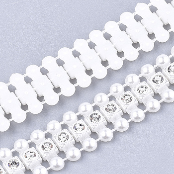 ABS Plastic Imitation Pearl Beaded Trim Garland Strand, Great for Door Curtain, Wedding Decoration DIY Material, with Rhinestone, Creamy White, 13.5x3.5mm, 10yards/roll