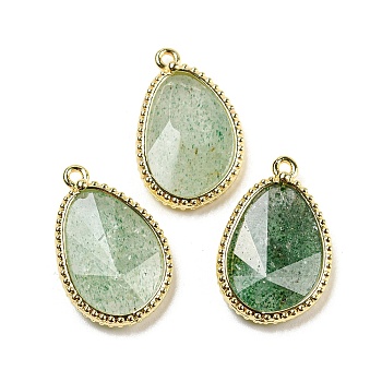 Natural Green Strawberry Quartz Faceted Pendants, Rack Plating Golden Plated Brass Teardrop Charms, 23x15x4~4.5mm, Hole: 1.4mm