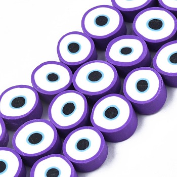 Handmade Polymer Clay Beads Strands, Flat Round with Evil Eye, Dark Violet, 8~11x4mm, Hole: 1.2mm, about 40pcs/strand, 13.98 inch~ 15.35inch(35.5cm~39cm)