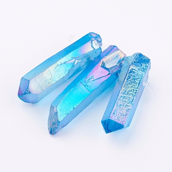 Electroplated Natural Quartz Crystal Graduated Beads Strands, Nuggets, Deep Sky Blue, 21~43x5~13mm, Hole: 1mm, 3pcs/set