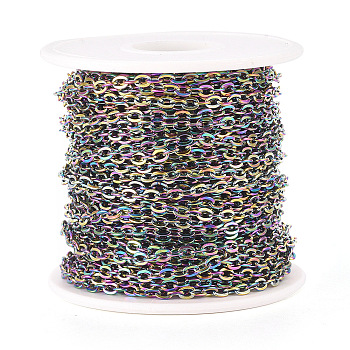 Ion Plating(IP) 304 Stainless Steel Cable Chains, Unwelded, with Spool, Flat Oval, Rainbow Color, 4x3x0.7mm, about 32.81 Feet(10m)/Roll