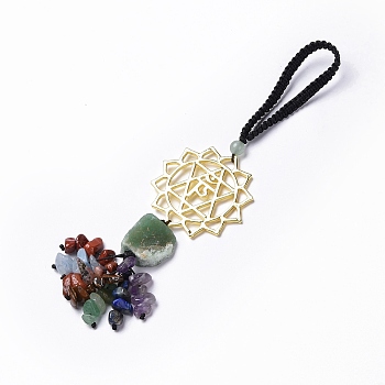 Natural Raw Green Aventurine & Mixed Stone Chips Tassel Pendant Decorations, Chakra Theme Alloy Charms Hanging Ornament, Anahata, 165mm, Link: 45x2mm