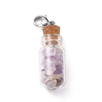 Glass Bottle Pendants, with Amethyst Chip Beads and Brass Lobster Claw Clasps, Platinum, 49mm