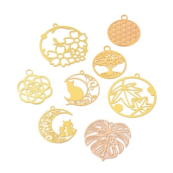 Brass Pendants, Flat Round & Flower & Moon & Cat & Leaf & Tree, Mixed Color, 23.5~31.5x20~30x0.3~0.5mm, Hole: 1.2~2.6mm